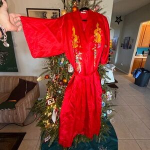 Vintage Silk Golden Bee Embroidered Dragon Floral Oriental Red Kimono Robe